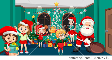 Children celebrating Christmas with Santa Claus 87075719