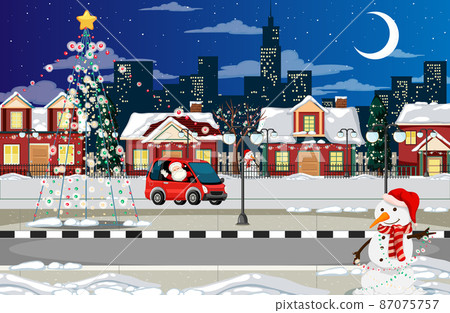 Santa driving car in the snow town at night 87075757