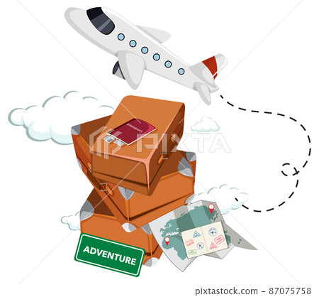 Stack of luggages with airplane on white background 87075758