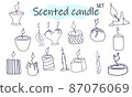 A set of scented candles with a burning fire. Candles for interior, lighting and romantic dates. Aromatherapy. Vector illustration in linear design on a white background. 87076069