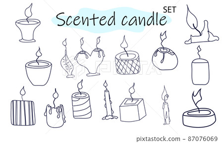 A set of scented candles with a burning fire. Candles for interior, lighting and romantic dates. Aromatherapy. Vector illustration in linear design on a white background. 87076069