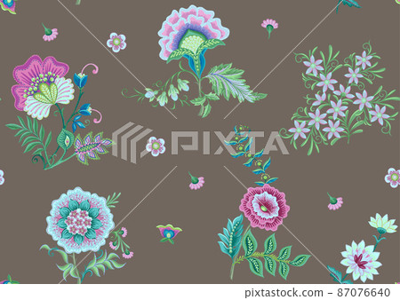 Fantasy flowers in retro, vintage, jacobean embroidery style. 87076640