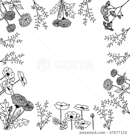 Frame of flowers of line drawing drawn by hand 87077128