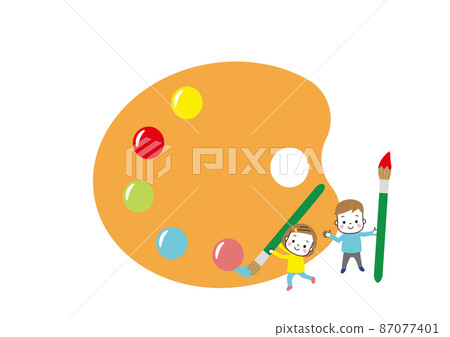 Two children with a wooden palette with paint and a brush Two children with a wooden palette with paint and a brush 87077401