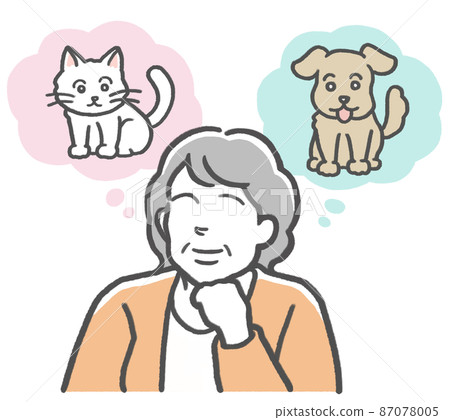 A middle-aged woman who imagines a dog or a cat and is wondering which pet to keep A middle-aged woman who imagines a dog or a cat and is wondering which pet to keep 87078005