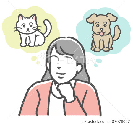 A young woman who imagines a dog and a cat and is wondering which pet to keep A young woman who imagines a dog and a cat and is wondering which pet to keep 87078007