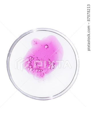 Abstract petri dishes with cosmetic serum isolated on white background top view. Science cosmetic laboratory concept. Abstract petri dishes with cosmetic serum isolated on white background top view. Science cosmetic laboratory concept. 87078213