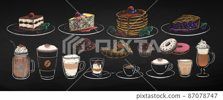 Chalked illustration set of coffee cups and desserts Chalked illustration set of coffee cups and desserts 87078747