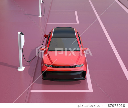 Front image of a red electric SUV charging the roadside charging stand. 87078938