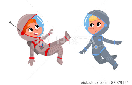 Kids astronauts in space suits floating in outer space cartoon vector illustration on white background Kids astronauts in space suits floating in outer space cartoon vector illustration on white background 87079155
