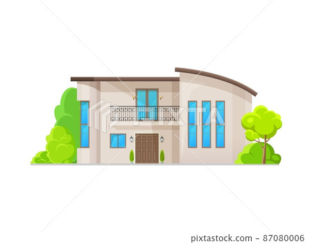 Modern two-storey house exterior in residential neighborhood. Contemporary villa, modern architecture vector home cottage with long narrow windows, balcony with forged lattice and trees on yard Modern two-storey house exterior in residential neighborhood. Contemporary villa, modern architecture vector home cottage with long narrow windows, balcony with forged lattice and trees on yard 87080006