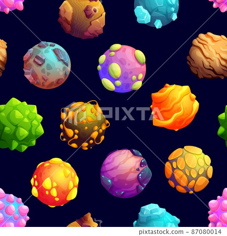 Seamless pattern of galaxy planets with volcano mountain craters. Vector space background. Galactic fantasy planets with lava and ice, meteorite rocks and alien earth satellites in galaxy 87080014