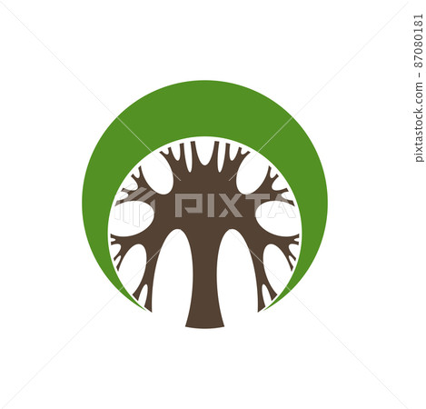 Round garden tree icon with green leaf, vector eco organic and nature life concept design. Tree plant silhouette symbol for ecology and environment, education or forest park gardening 87080181