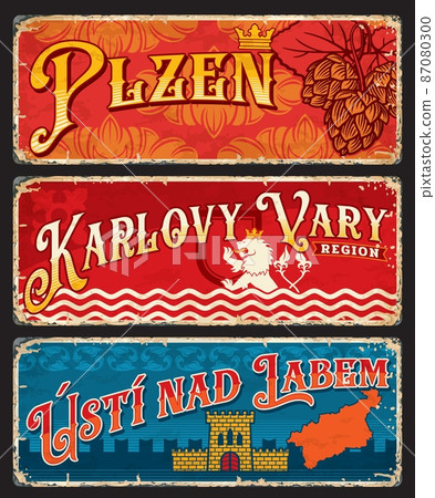 Plzen, Karlovy Vary, Usti nad Labem czech regions stickers and plates. Vector vintage travel destination banners with hop, heraldic lion, coat of arms shield, crown, and castle. Touristic grunge signs 87080300