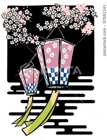 櫻花枝下的兩盞櫻花觀賞燈，在黑色背景下盛開，夜色、毛筆劃和啞光畫 87081141