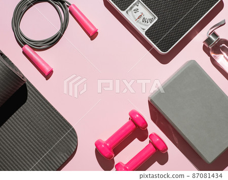 Fitness concept. Sport mat, equipment. Copy space 87081434