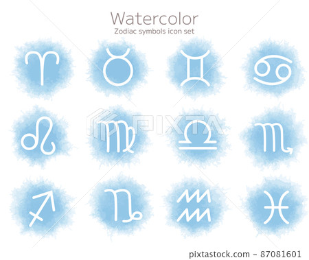 Set of twelve constellation symbol icons with watercolor texture Set of twelve constellation symbol icons with watercolor texture 87081601