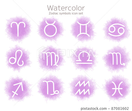 Set of twelve constellation symbol icons with watercolor texture Set of twelve constellation symbol icons with watercolor texture 87081602