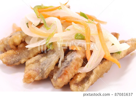 Fried horse mackerel tatsutaage Ankake fish dish bright background 87081637