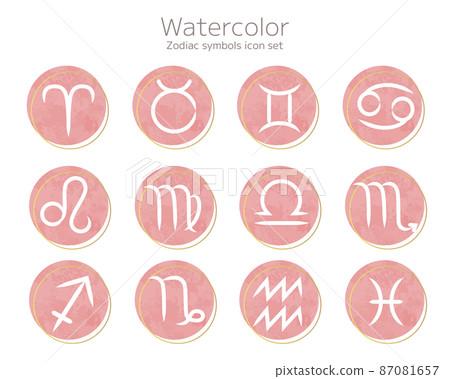 Set of twelve constellation symbol icons with watercolor texture Set of twelve constellation symbol icons with watercolor texture 87081657