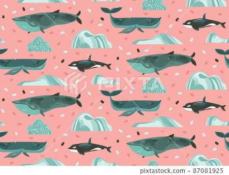 Hand drawn vector abstract stock flat cartoon graphic summer time underwater ocean illustrations seamless pattern with coral reefs,beauty big whales, jellyfish isolated on pink pastel background 87081925