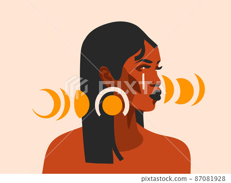 Hand drawn vector abstract stock flat graphic illustration with ethnic tribal black beautiful african american woman and golden full moon phases in simple style ,isolated on pastel background 87081928