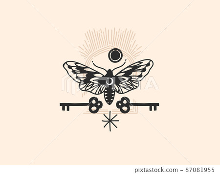 Hand drawn vector abstract stock flat graphic illustration with logo elements ,moth and key , magic line art in simple style for branding ,isolated on white background Hand drawn vector abstract stock flat graphic illustration with logo elements ,moth and key , magic line art in simple style for branding ,isolated on white background 87081955