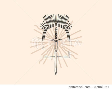 Hand drawn vector abstract stock flat graphic illustration with contemporary aesthetic logo elements,sword and arch, magic line art in simple style for branding ,isolated on white background Hand drawn vector abstract stock flat graphic illustration with contemporary aesthetic logo elements,sword and arch, magic line art in simple style for branding ,isolated on white background 87081965