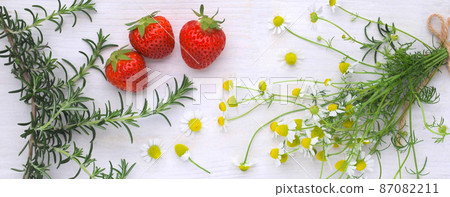 White wood grain chamomile, strawberry and herb frame, gardening header White wood grain chamomile, strawberry and herb frame, gardening header 87082211