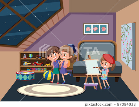 Attic room scene with happy children 87084038