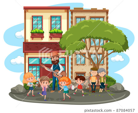 A musical band playing in the town 87084057