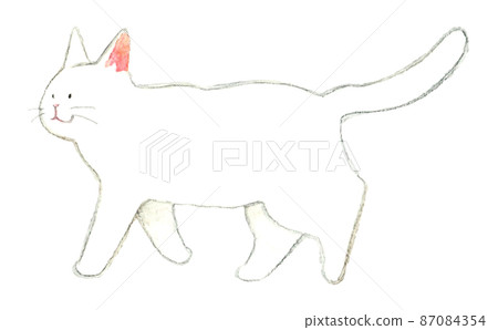 一隻貓的可愛手繪水彩插圖,一隻側身行走的白貓 一隻貓的可愛手繪水彩插圖,一隻側身行走的白貓 87084354
