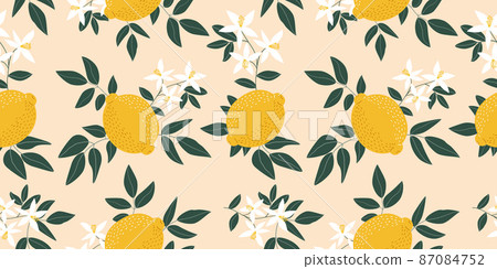 Tropical seamless pattern with yellow lemonson pink background. Fruit repeated background. Vector bright print for fabric or wallpaper. Tropical seamless pattern with yellow lemonson pink background. Fruit repeated background. Vector bright print for fabric or wallpaper. 87084752