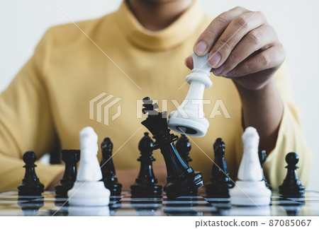 Hand of businesswoman moving, chess in competition shows leadership, followers, and business success strategies Hand of businesswoman moving, chess in competition shows leadership, followers, and business success strategies 87085067
