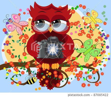 A red sweet owl in glasses and with a camera sits on a flowering branch of a tree. Photo business, photographer, vocation, profession A red sweet owl in glasses and with a camera sits on a flowering branch of a tree. Photo business, photographer, vocation, profession 87085422