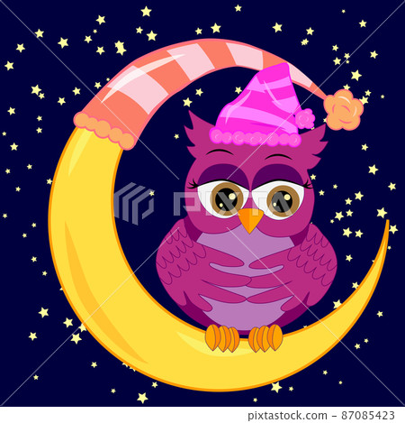 A sweet fairy-tale pink owl in a hat for dream dreams, sings a lullaby, lulls the sky, the moon and stars sitting on a sleeping sickle of the moon among a dark night sky and stars 87085423