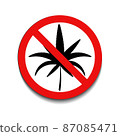 No drugs sign with red round crossed marijuana leave on white background. Not allowed alcohol symbol. Vector illustration in trendy round flat style. EPS 10 87085471