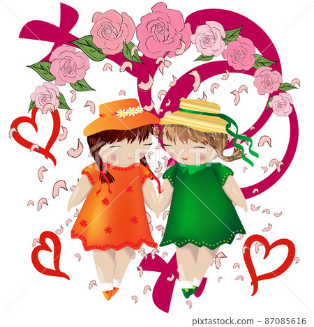 Lesbian couple. Two girls holding hands in a frame of roses, falling petals and the symbol of a gay couple. Wedding. Love of two women, homosexual love. Family of lesbians. LGBT couple Lesbian couple. Two girls holding hands in a frame of roses, falling petals and the symbol of a gay couple. Wedding. Love of two women, homosexual love. Family of lesbians. LGBT couple 87085616
