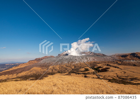 Time-lapse scenery where pure white eruption blows up at the Nakadake crater seen from Mt. Aso Sotowa in winter 87086435