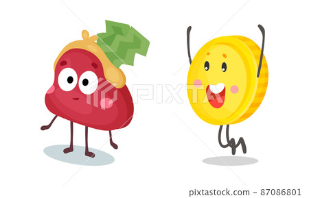 Funny purse and golden coin characters with smiling faces cartoon vector illustration 87086801