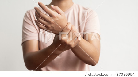 woman hand with numbness and pain in the wrist has pain and tingling in the nerve endings. which is a side effect of Guillain-Barre Syndrome after vaccination against COVID-19 woman hand with numbness and pain in the wrist has pain and tingling in the nerve endings. which is a side effect of Guillain-Barre Syndrome after vaccination against COVID-19 87086994