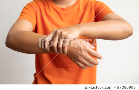 woman hand with numbness and pain in the wrist has pain and tingling in the nerve endings. which is a side effect of Guillain-Barre Syndrome after vaccination against COVID-19 woman hand with numbness and pain in the wrist has pain and tingling in the nerve endings. which is a side effect of Guillain-Barre Syndrome after vaccination against COVID-19 87086996