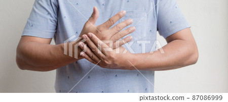 Man hand with numbness and pain in the palm of the hand has pain and tingling in the nerve endings. which is a side effect of Guillain-Barre Syndrome after vaccination against COVID-19 Man hand with numbness and pain in the palm of the hand has pain and tingling in the nerve endings. which is a side effect of Guillain-Barre Syndrome after vaccination against COVID-19 87086999
