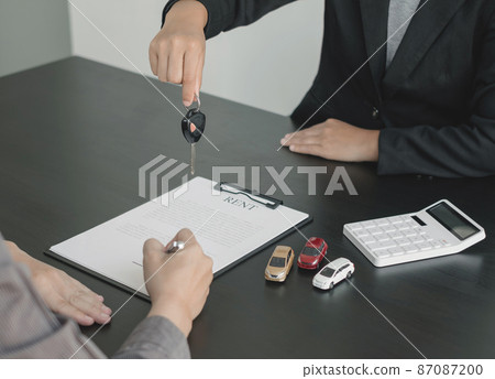 The car dealer provides advice on loans, insurance details, and car rental information, and delivers the car with the keys after the rental contract is signed 87087200