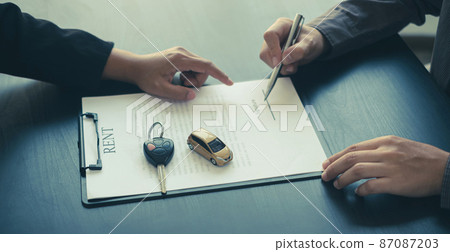 The car dealer provides advice on loans, insurance details, and car rental information, and delivers the car with the keys after the rental contract is signed 87087203