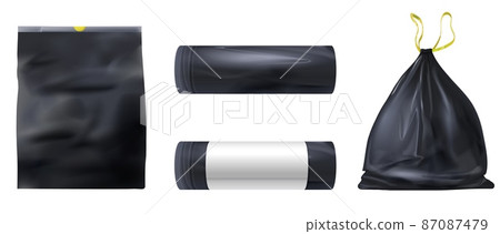 Realistic black plastic garbage bags full of trash and empty. Waste bag roll with paper label mockup. Trash kitchen sack with tie vector set 87087479