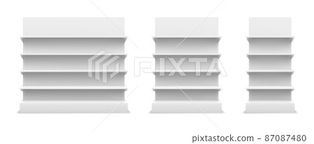 Realistic 3d white store shelf display mockup sizes. Trade stands for shops and supermarket. Empty magazine showcase front view vector set 87087480