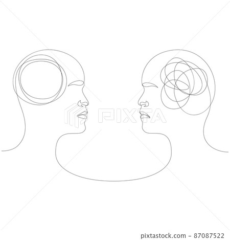 Two human heads with opposite thinking. The concept of chaos and order in thoughts. Vector illustration of continuous linear drawing in one line 87087522