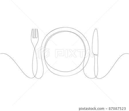 One continuous line plate, khife and fork. Vector illustration. 87087523