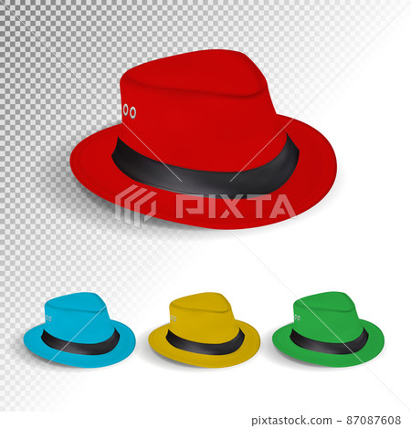 A set of felt hats in different colors. Red, blue, yellow, green. Realistic vector 87087608